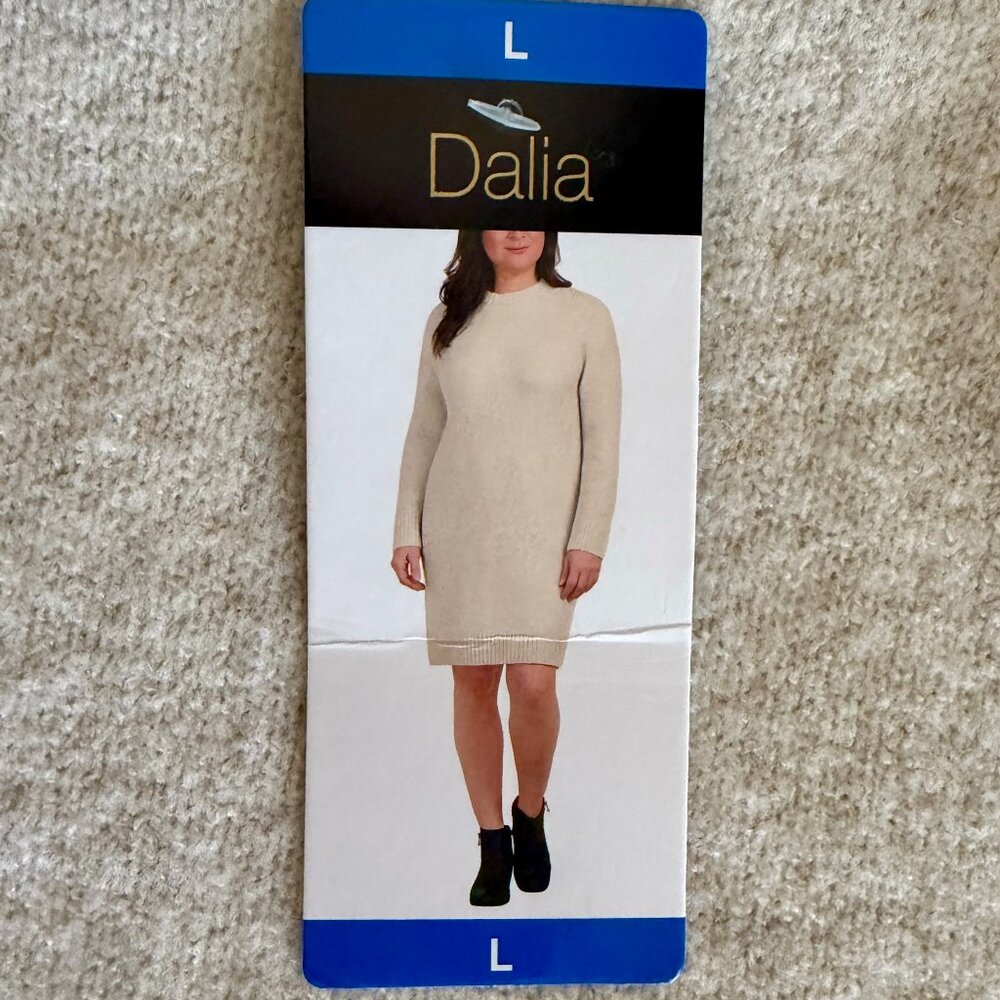 Dalia Women's Midi Knit Sweater Dress Size L Beige Stretch Relaxed Fit Warm New